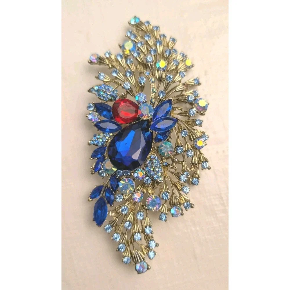 Large Peacock Brooch Pin Blue Red AB Rhinestones Gold Tone Statement 6